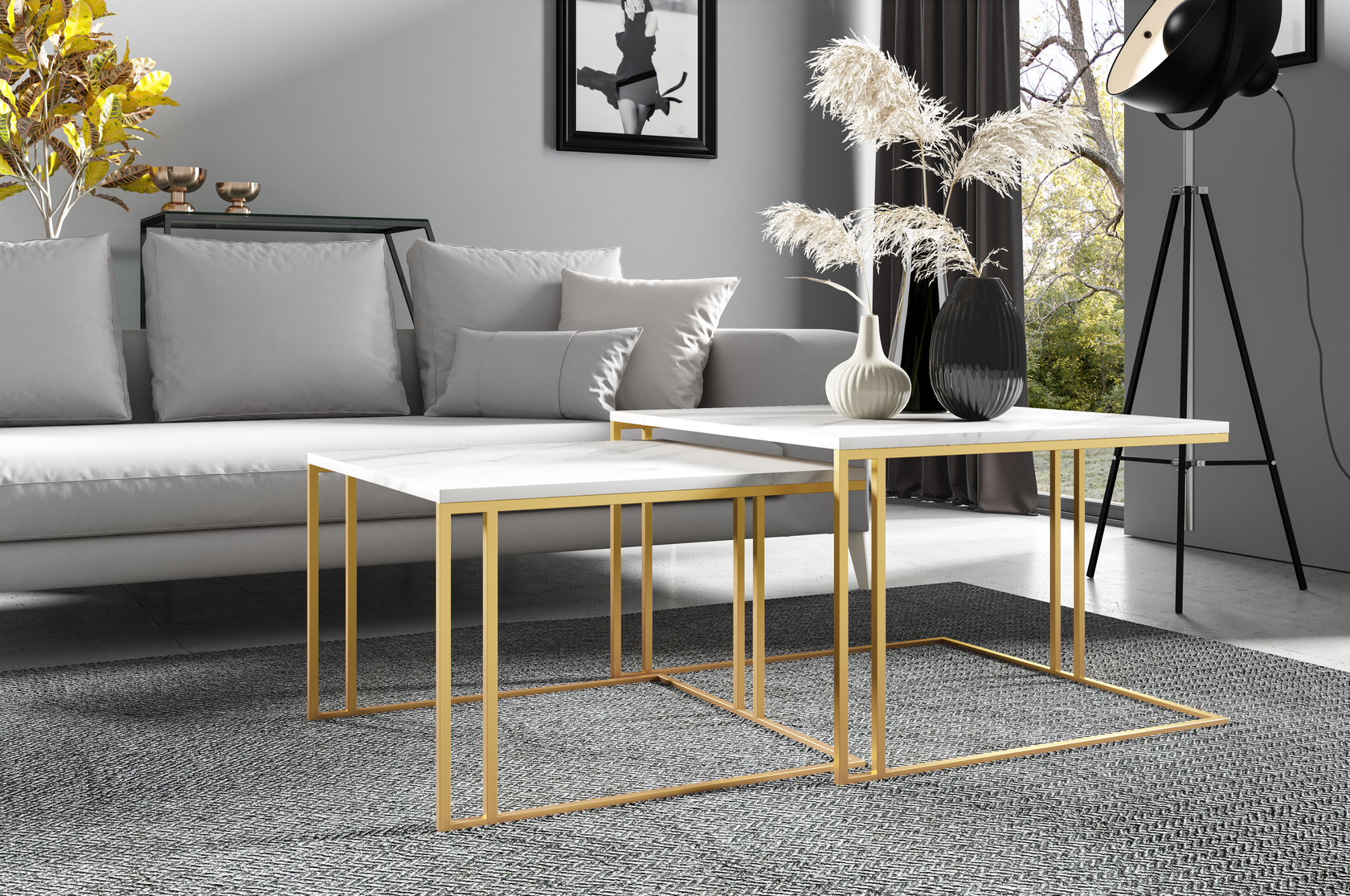 Aranżacja salonu z kwadratowymi stolikami 2w1 ASTRO Gold