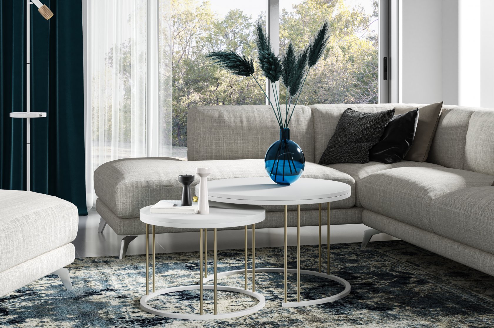 Wizualizacja aranżacji salonu ze stolikami kawowymi 2w1 w dekorze Biel Arktyczna